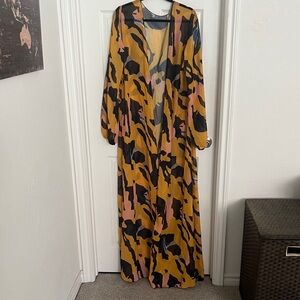 Mustard Abstract Print Extra Long Kimono Duster